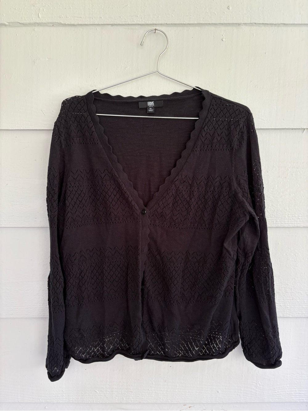 Frye XL Black Pointelle Knit Button Front Cotton Cardigan Sweater Coquette
